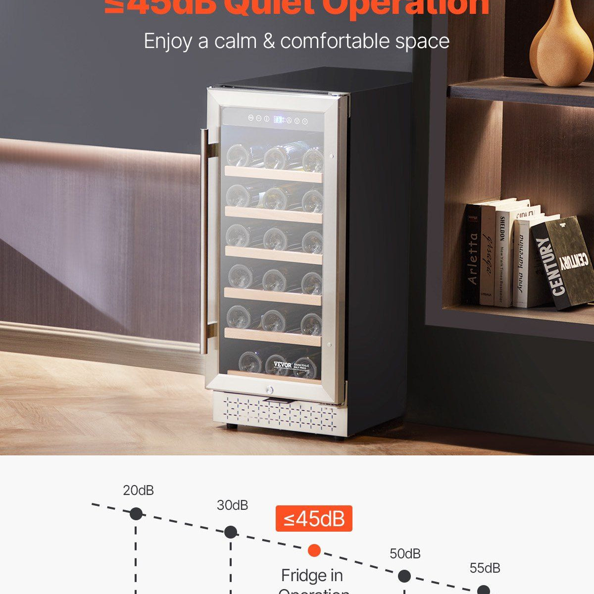 Wine cooler with quiet operation feature on a shelf with books and a vase.