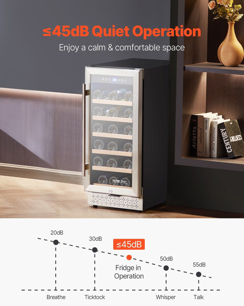 Wine cooler with quiet operation feature on a shelf with books and a vase.