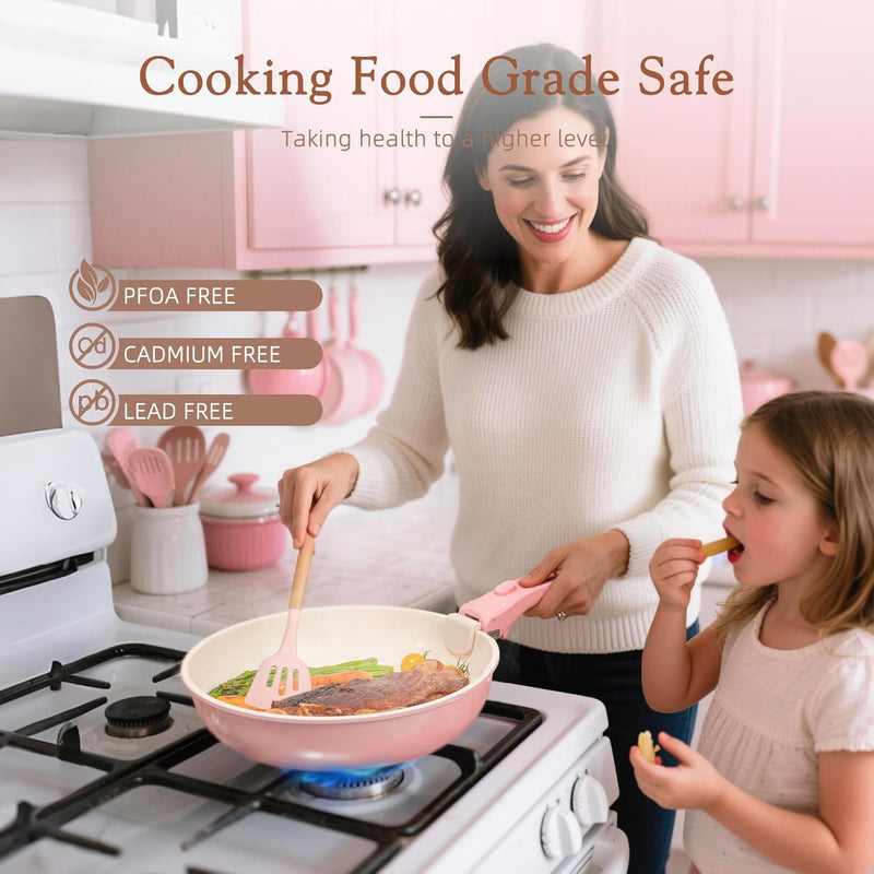 Astercook 21-Piece Non Stick Ceramic Pots and Pans Cookware Set with Detachable Handles in Pink
