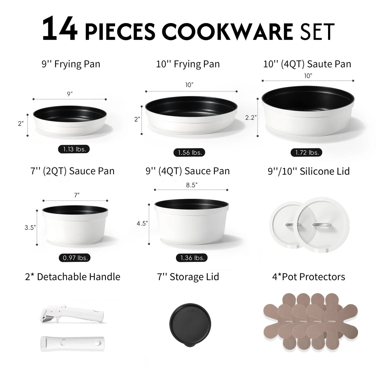14-piece cookware set with dimensions and weights on a white background