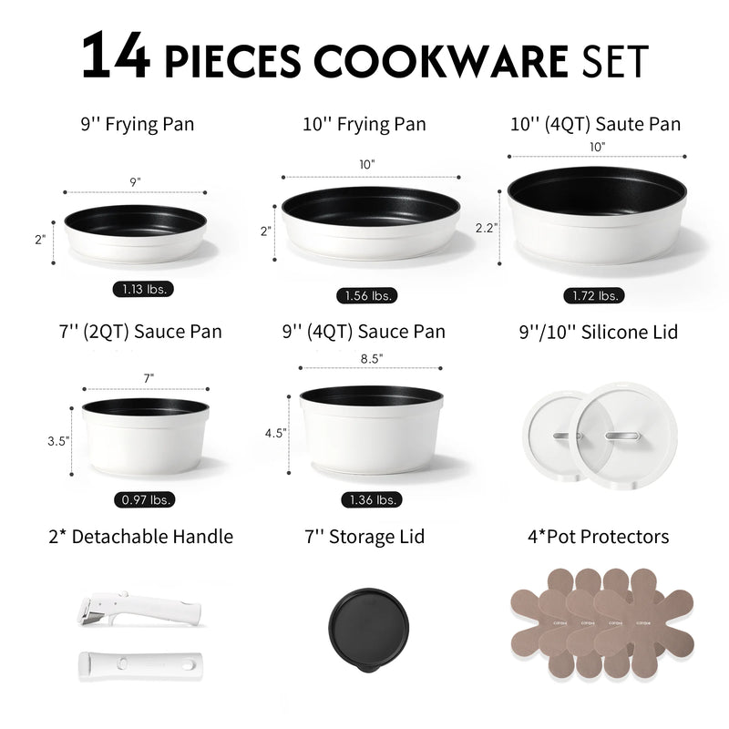 14-piece cookware set with dimensions and weights on a white background