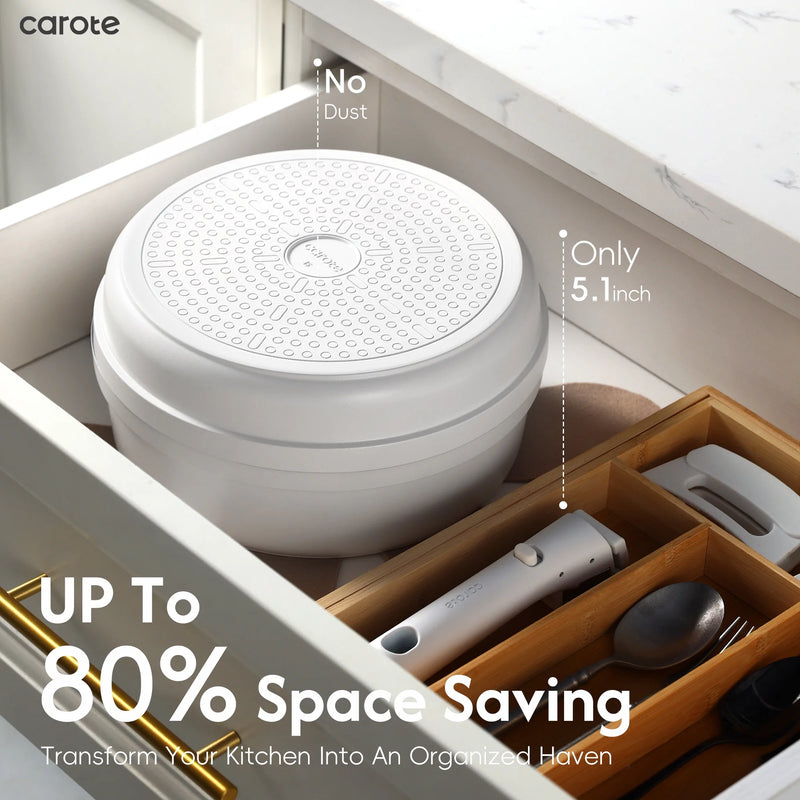 White round dutch oven with text highlighting space-saving feature in a kitchen drawer.