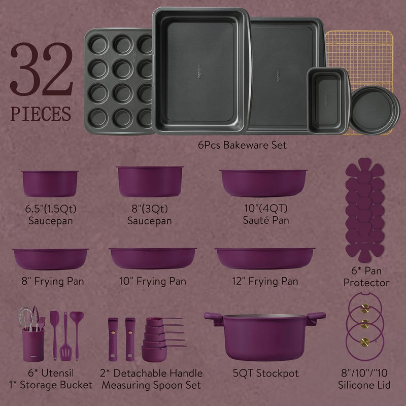 32Pcs Pots and Pans Set Non Stick Cookware Set with Detachable Handle - Ultra Violet