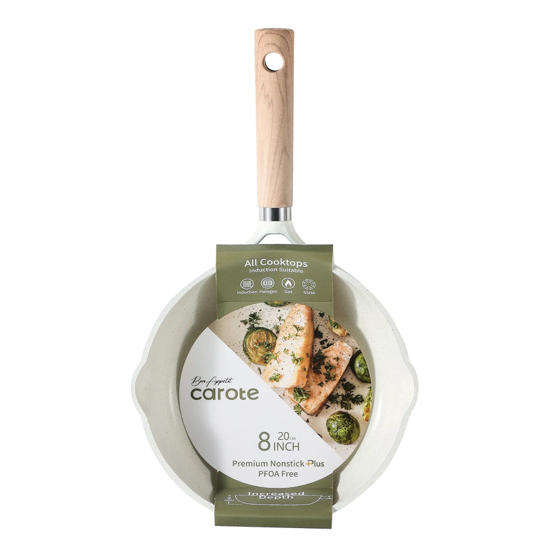 Frying pan with wooden handle and carote branding on a white background