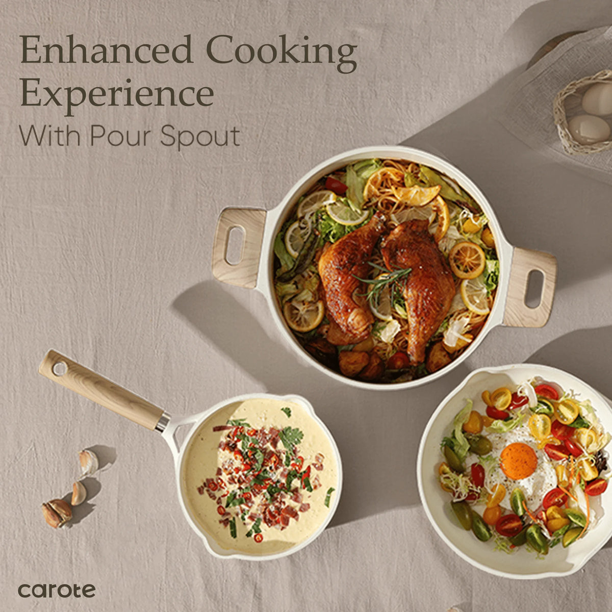 Three dishes with food on a neutral background, featuring the brand 'carote'.