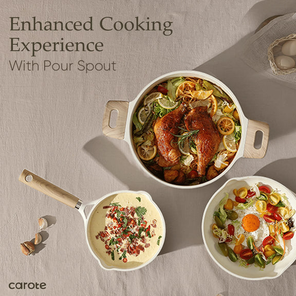 Three dishes with food on a neutral background, featuring the brand 'carote'.