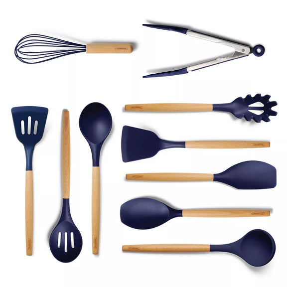 Set of kitchen utensils with blue silicone heads and wooden handles on a white background