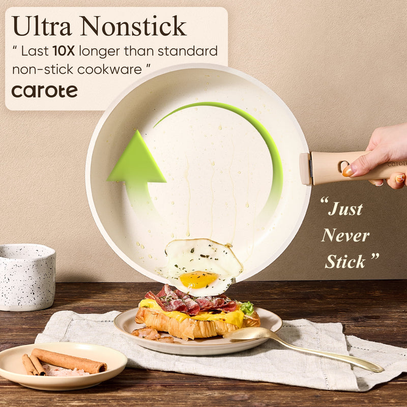 Non-stick frying pan with food on a wooden table, featuring Carote brand.