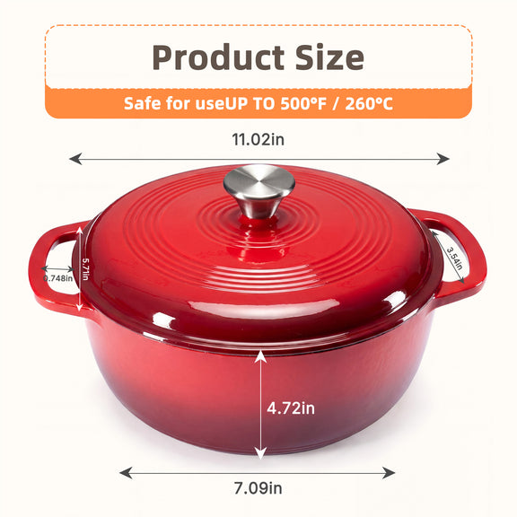 Red enameled cast iron Dutch oven with lid, shown with overlaid product size measurements: 11.02 inches wide, 4.
