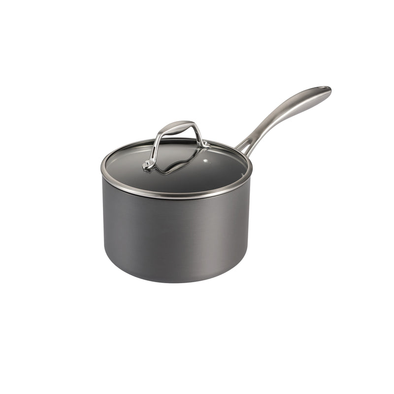 Gray saucepan with lid on a white background