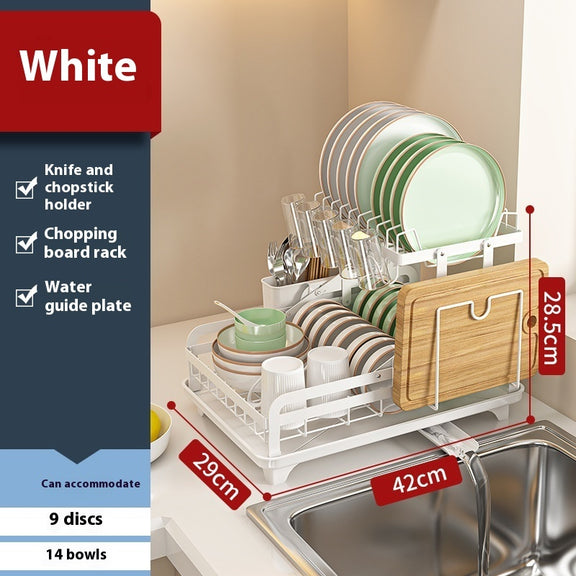 White dish drying rack with measurements and features on a kitchen counter.