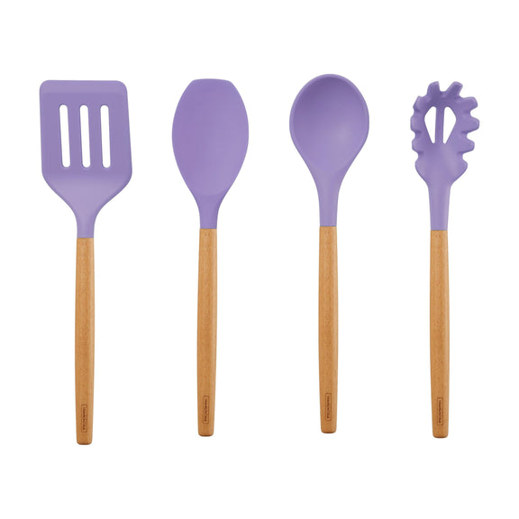Set of four purple silicone kitchen utensils with wooden handles on a white background