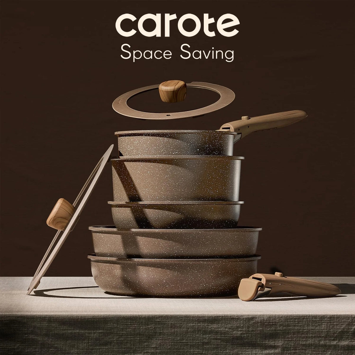 Stack of space-saving cookware with 'carote' branding on a dark background