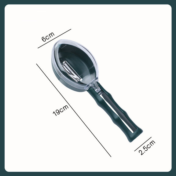 Handheld juicer with dimensions labeled on a white background