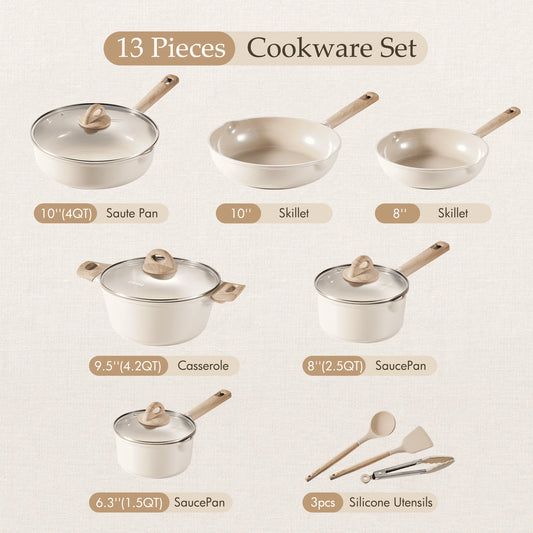 13-piece cookware set with various pots and pans on a light background