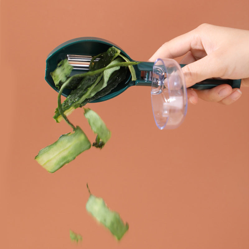 Hand using a vegetable peeler to remove skin from green vegetables on a brown background