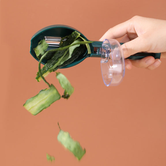 Hand using a vegetable peeler to remove skin from green vegetables on a brown background