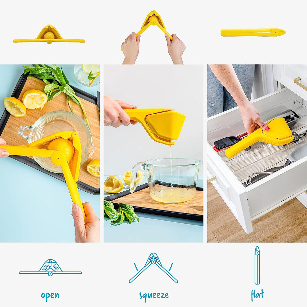 Fluicer Fold-Flat Citrus Juicer – Manual Hand Lemon & Lime Squeezer with Seed Catcher