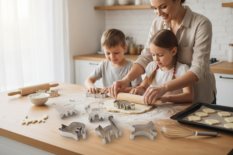 Family baking with the six cat-shaped cookie cutters