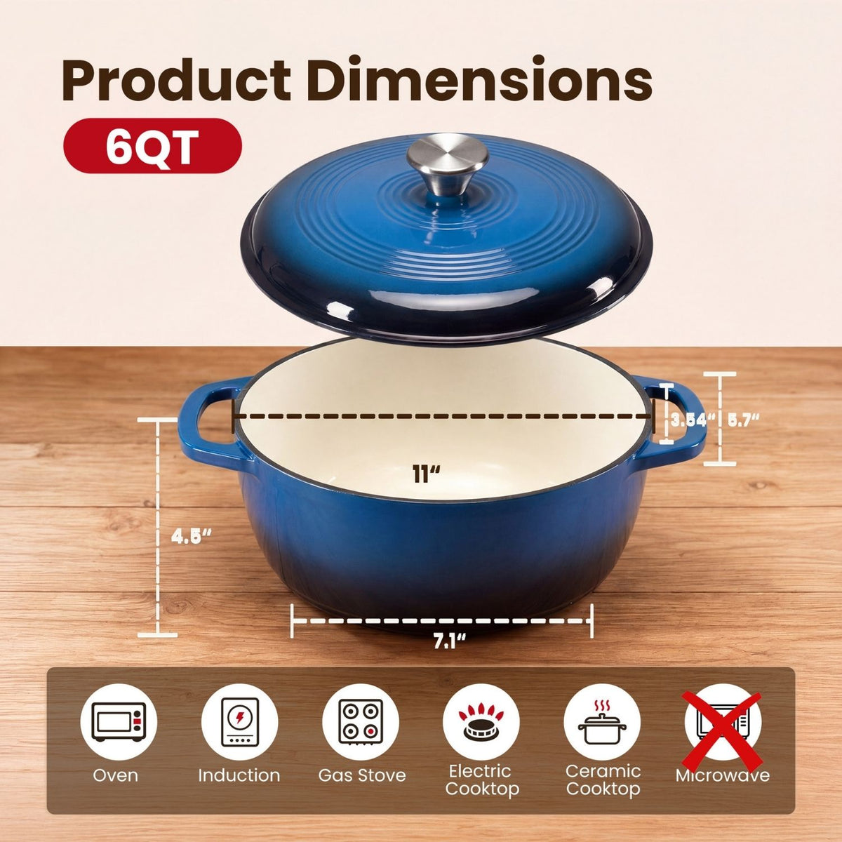 Blue enameled cast iron Dutch oven with dimensions on a wooden surface