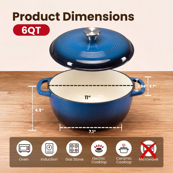 Blue enameled cast iron Dutch oven with dimensions on a wooden surface