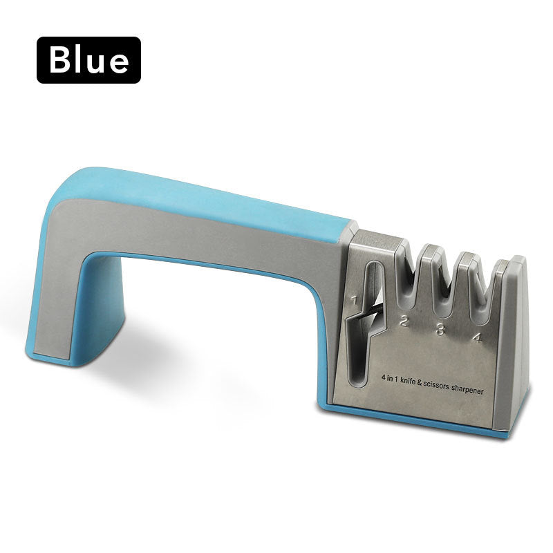 Knife and scissors sharpener with blue handle on a white background