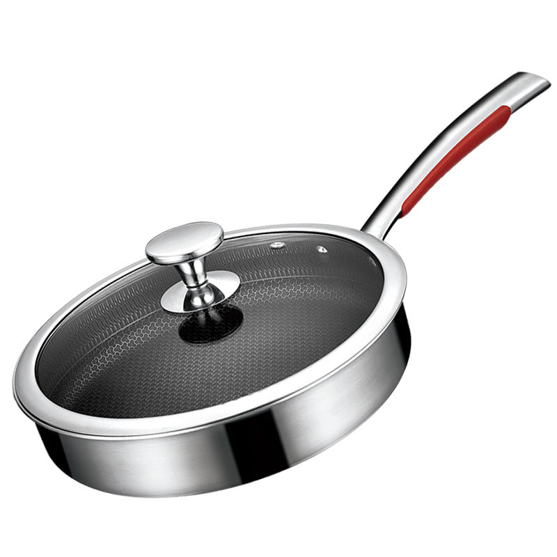 Stainless steel frying pan with glass lid on a white background