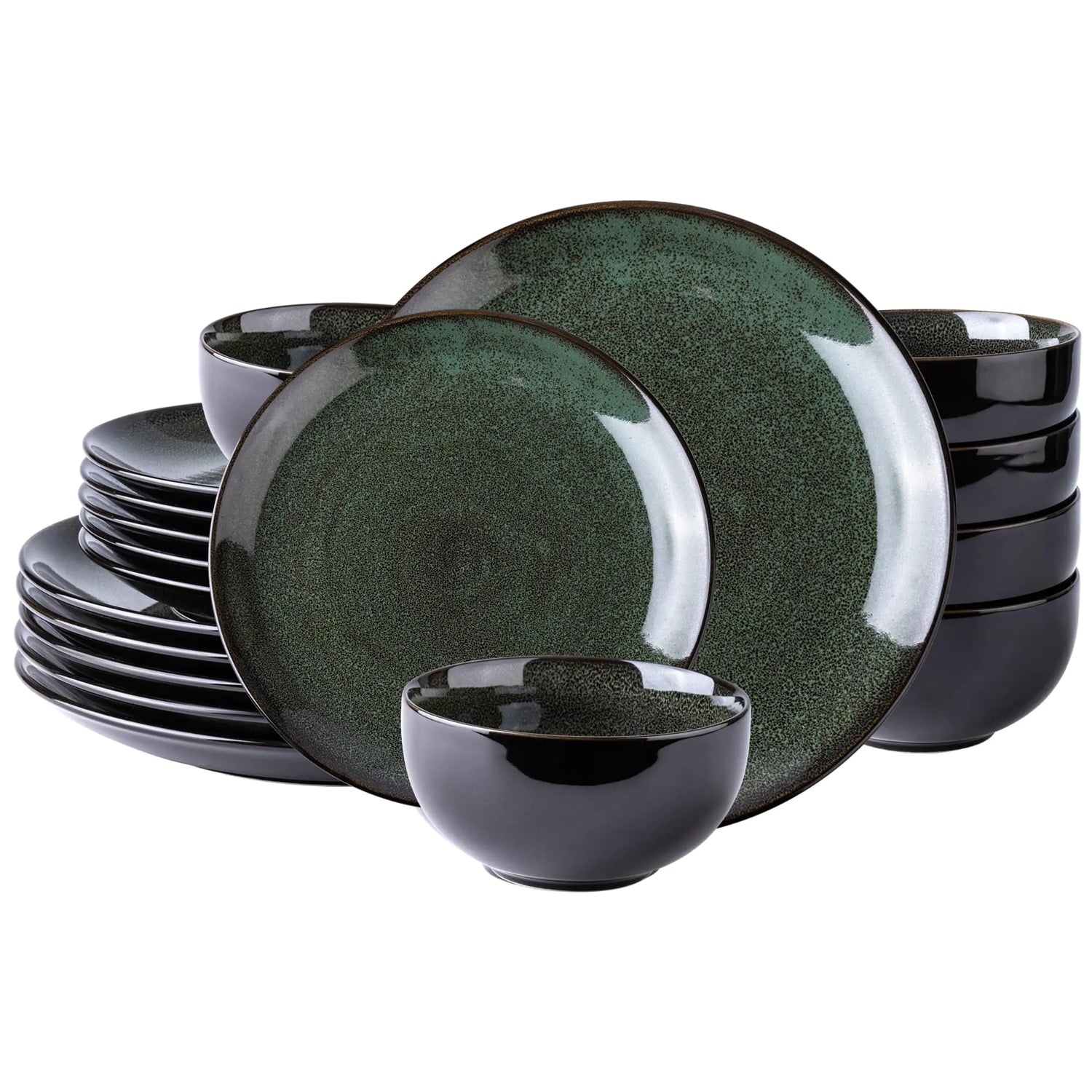 Set of green and black ceramic dinnerware on a white background