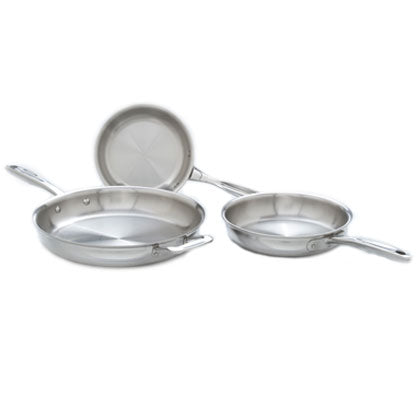 Set of stainless steel cookware including a frying pan and a strainer on a white background