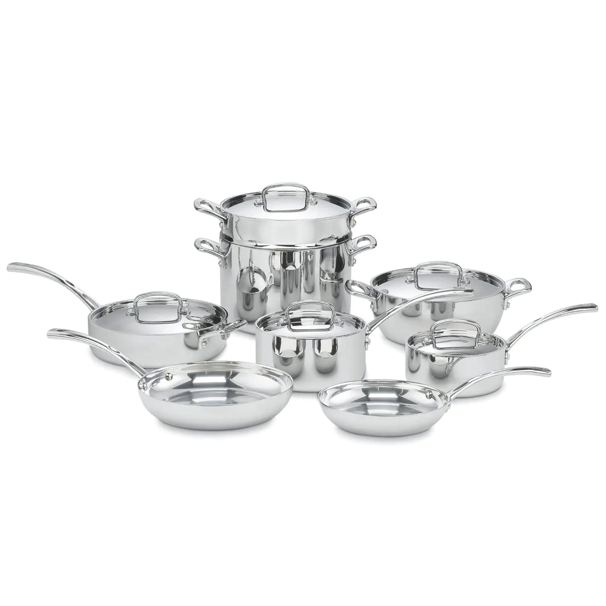 Set of stainless steel cookware on a white background