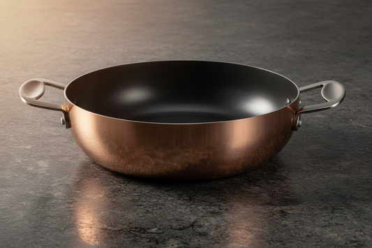Copper-bronze sauté pan with two side handles on a dark stone counter