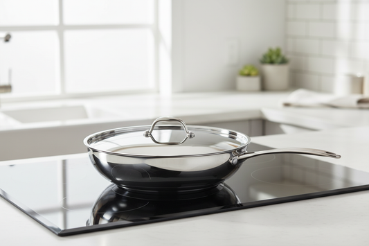 Covered polished stainless-steel sauté pan on a modern induction cooktop