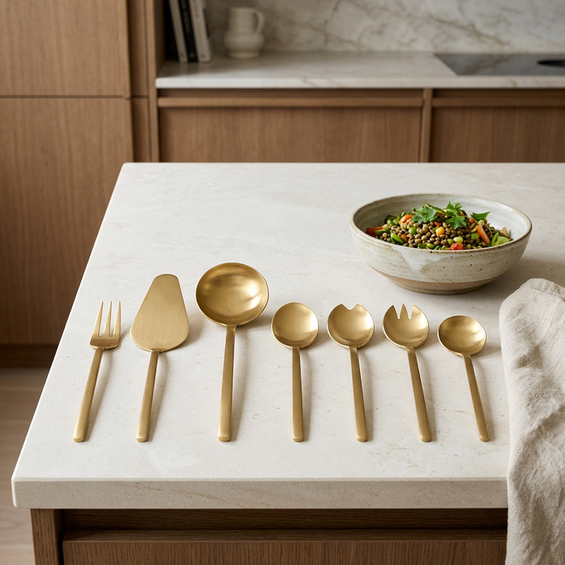 Mepra Due Ice Oro seven-piece gold serving set on a pale kitchen island beside a salad bowl.