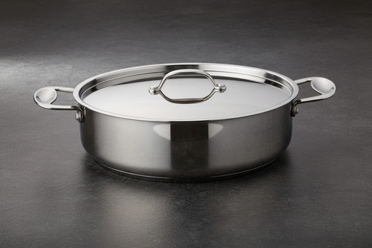 Covered stainless-steel sauté pan with loop lid handle and two side handles on dark stone