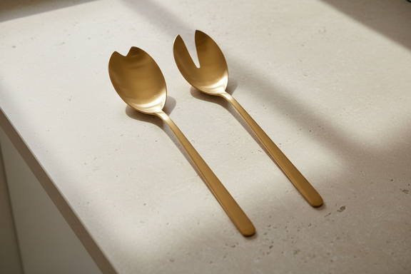 Two-piece gold serving utensil set with one notched spoon and one forked serving utensil on natural stone