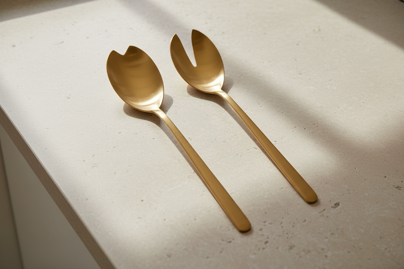 Two-piece gold serving utensil set with one notched spoon and one forked serving utensil on natural stone