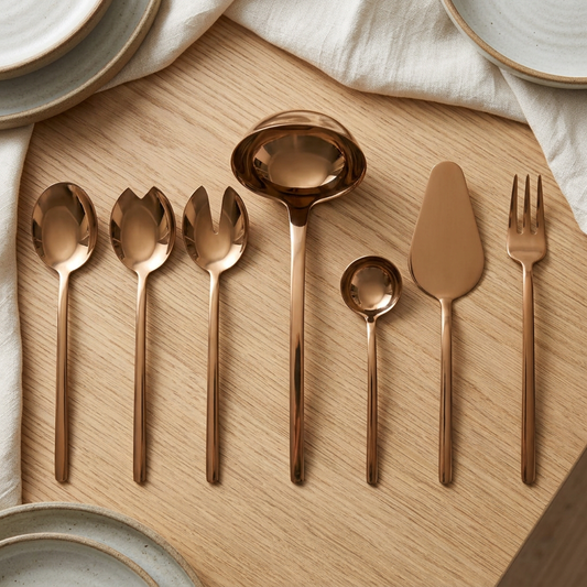 Mepra Due Oro seven-piece gold serving set on an oak dining table beside ivory linen.