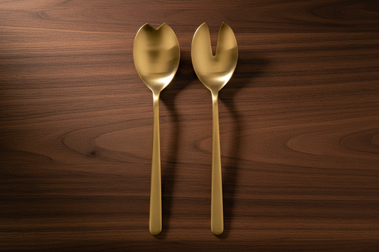 Two-piece gold serving utensil set with one notched spoon and one forked serving utensil on walnut