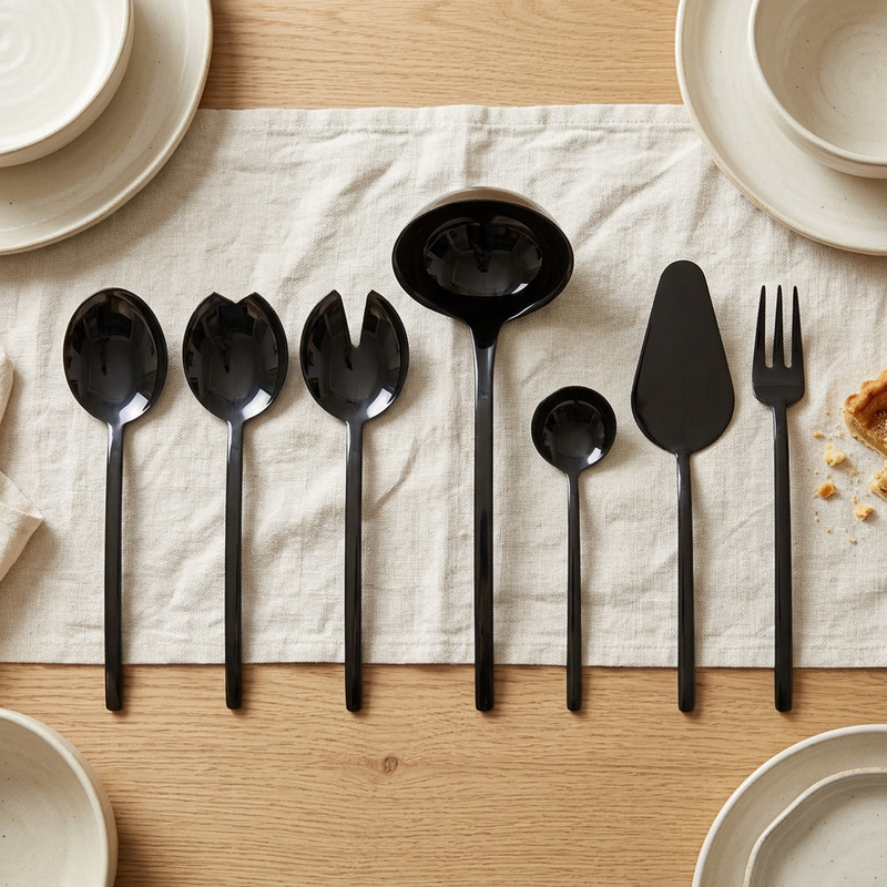 Mepra Due Oro Nero seven-piece dark serving set on ivory linen on an oak dining table.