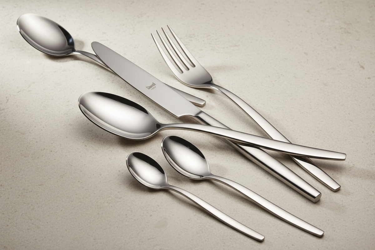 Five-piece polished stainless-steel flatware cluster on a pale stone counter