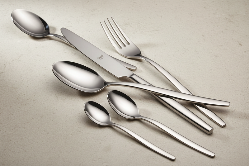 Five-piece polished stainless-steel flatware cluster on a pale stone counter