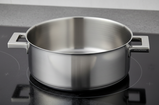 Open stainless-steel pot with two rectangular side handles on a dark induction cooktop