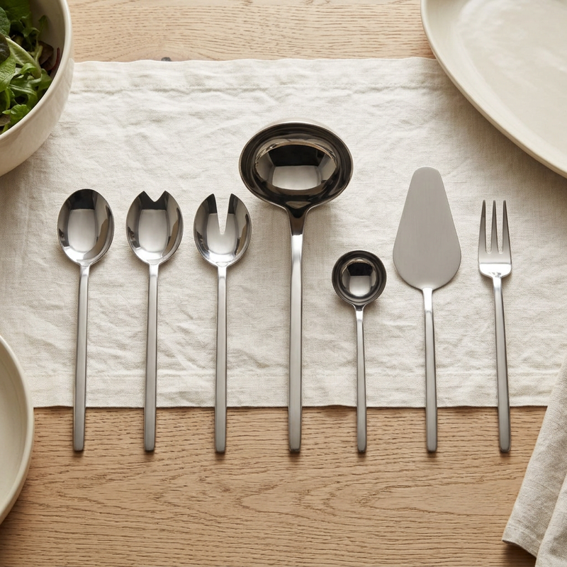 Mepra Due Champagne seven-piece serving set on ivory linen on an oak dining table.