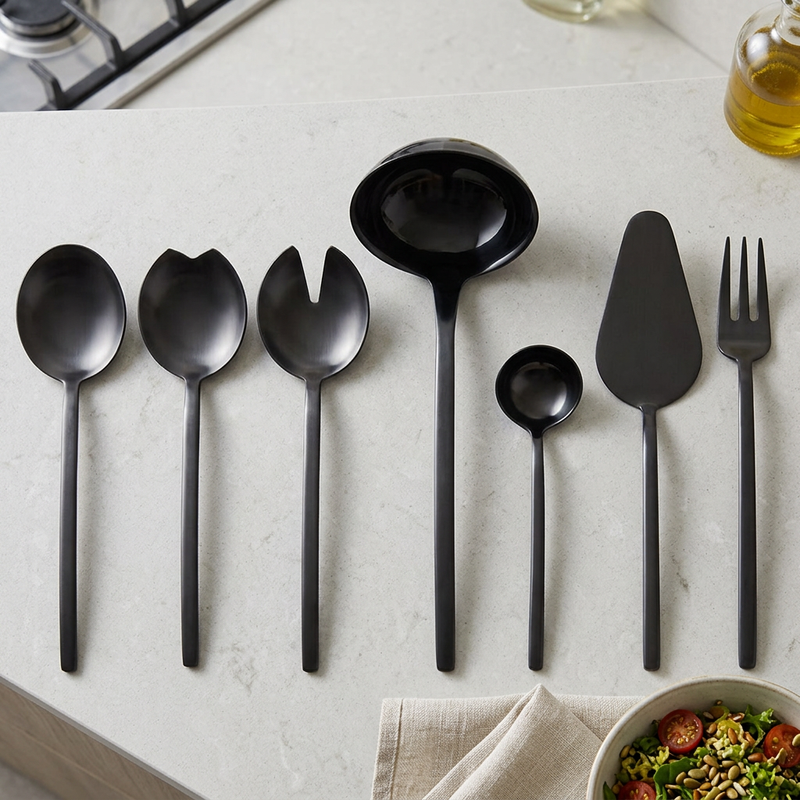 Mepra Due Oro Nero seven-piece dark serving set on a pale kitchen counter beside linen and a salad bowl.
