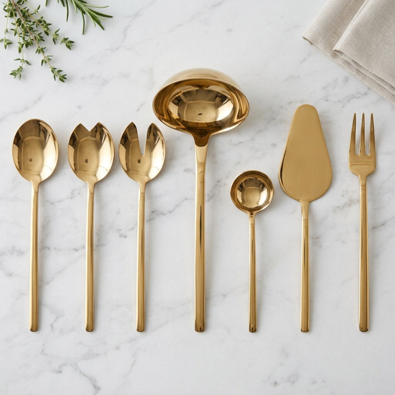 Mepra Due Oro seven-piece gold serving set in a pale marble kitchen island setting.