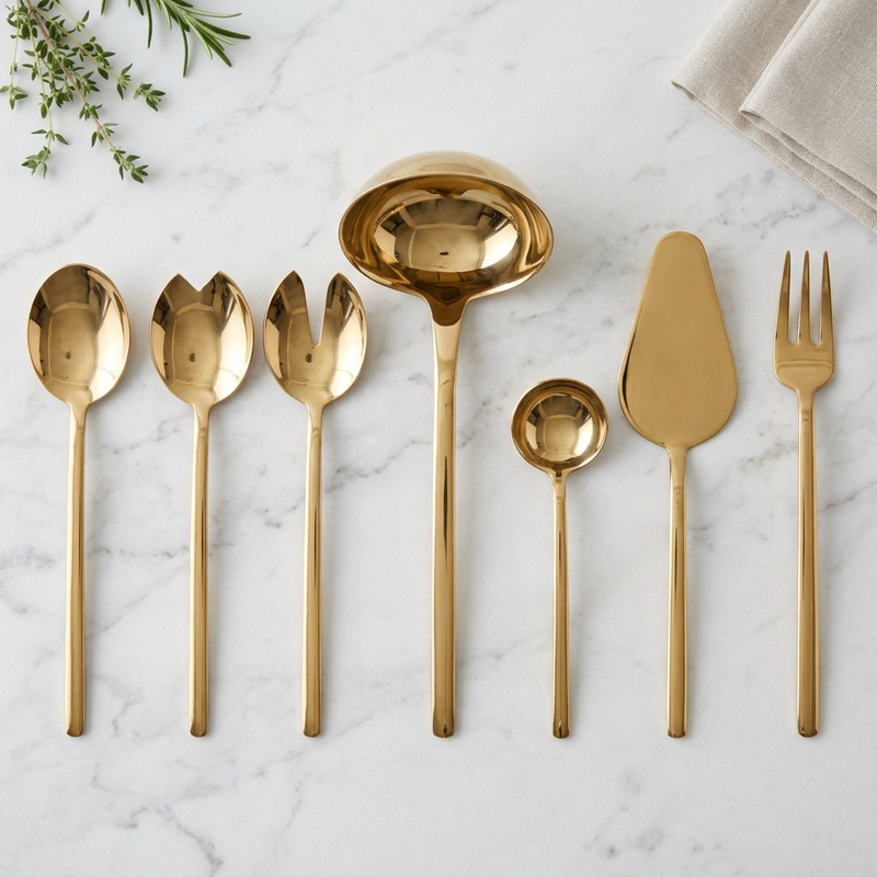 Mepra Due Oro seven-piece gold serving set in a pale marble kitchen island setting.