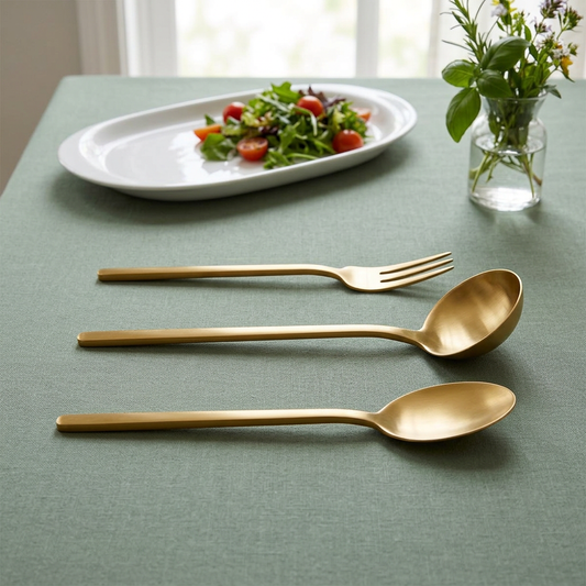 Mepra Due Ice Oro serving fork, spoon and ladle lying flat on a sage-green lunch table.