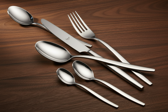Five-piece polished stainless-steel flatware cluster on a walnut tabletop