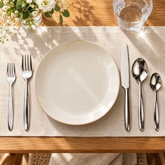 Mepra Acqua polished five-piece flatware place setting with ivory plate on linen