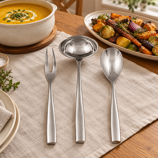 Mepra Arte three-piece serving set beside soup and roasted vegetables
